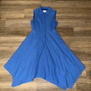 Anthropologie Donna Morgan Market Shirt Dress Blue Eyelet Handkerchief Hem 2